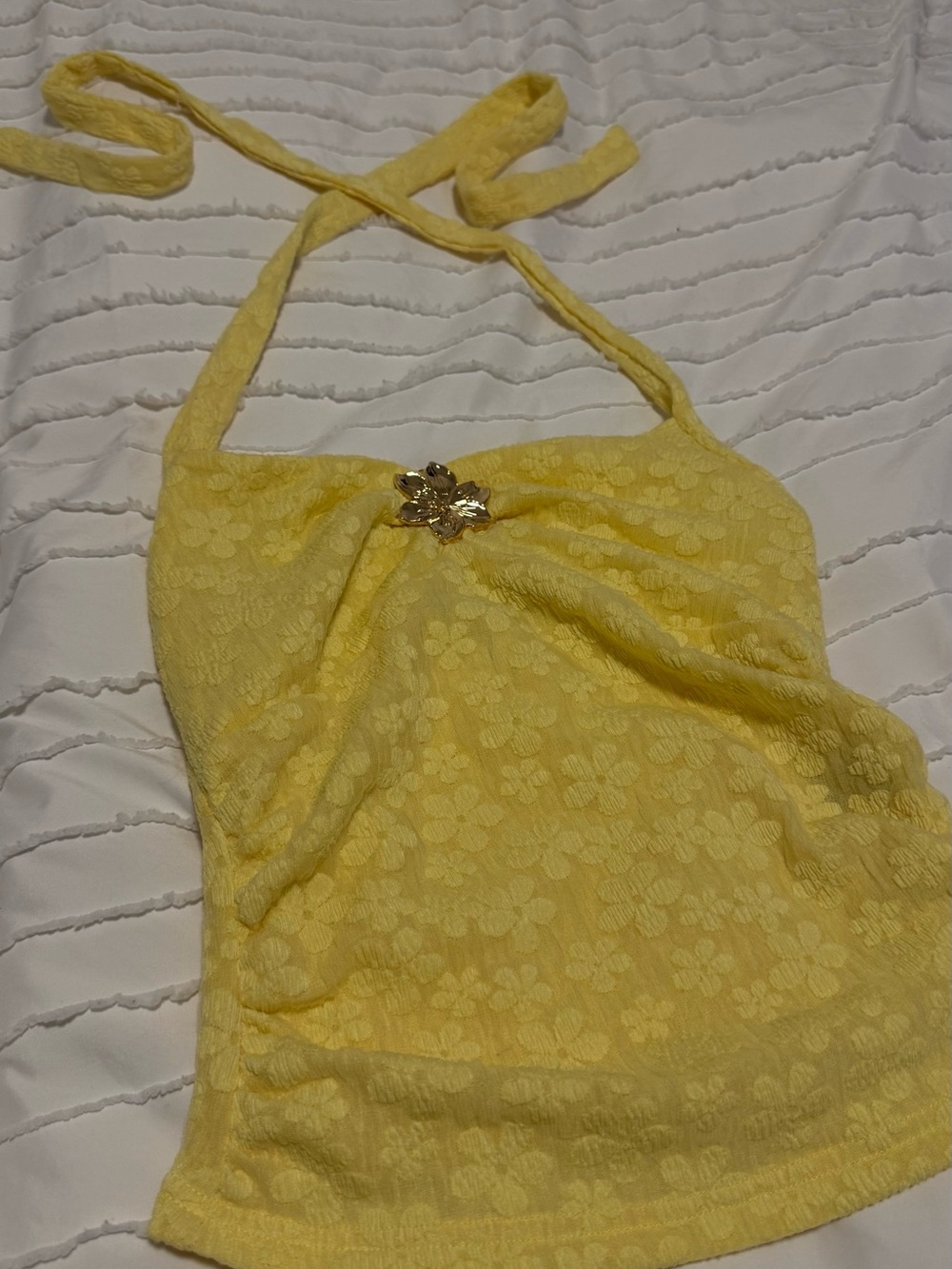 Yellow Floral Halter Tank Top with Decorative Brooch